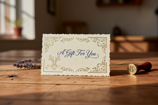 hand crafted gift card on the wooden table, 