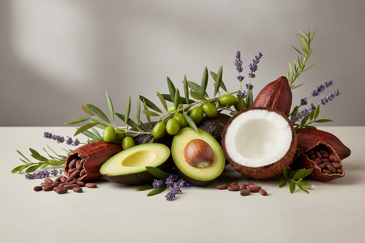 Mix of ingredients olives, avocado, coco nut, cacao, lavander, tea tree